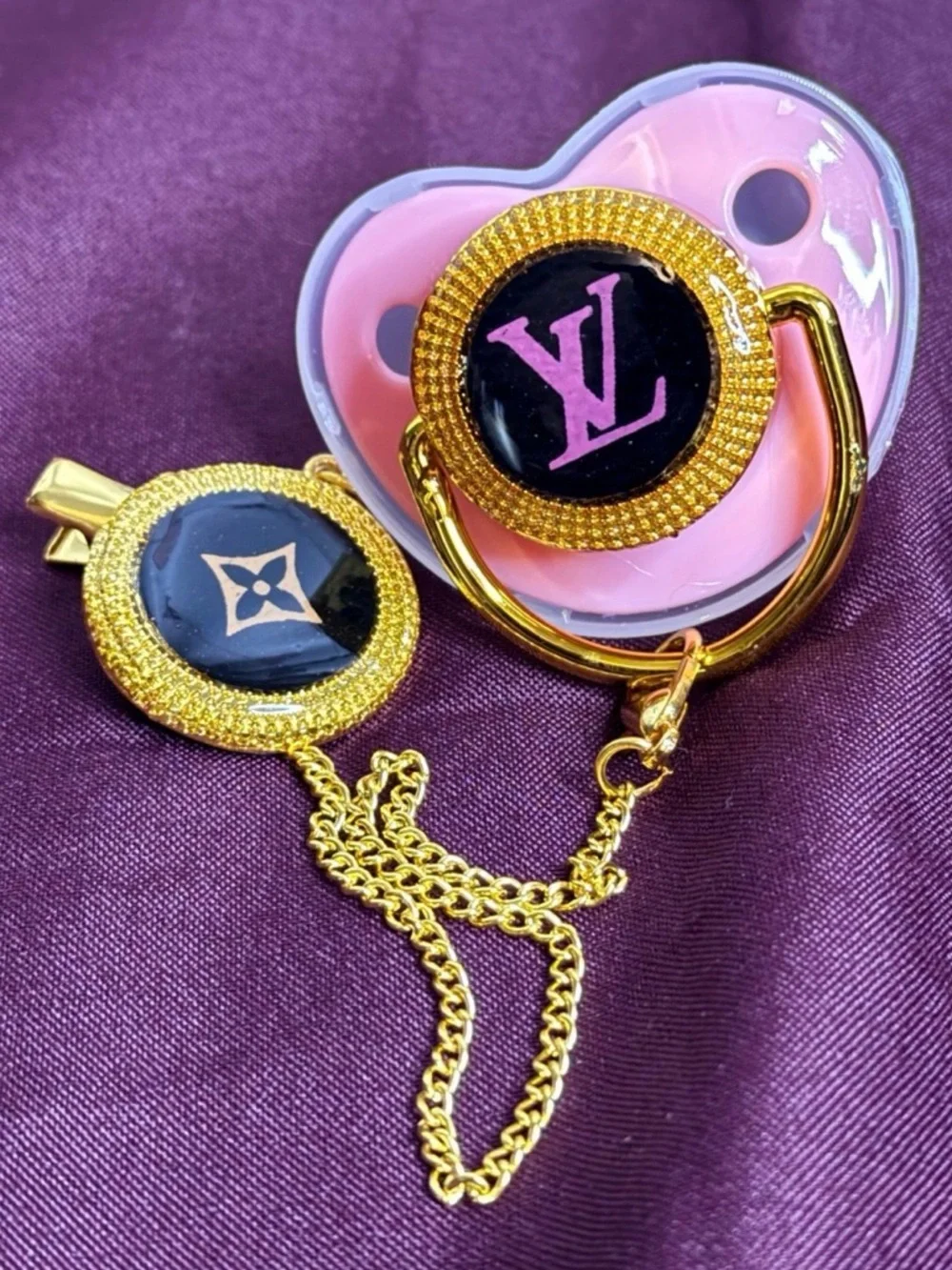 A-1DC-41: LOUIS VUITTON Murakami Upcycled Custom Pink/Yellow Pacifier w/Clip,COA